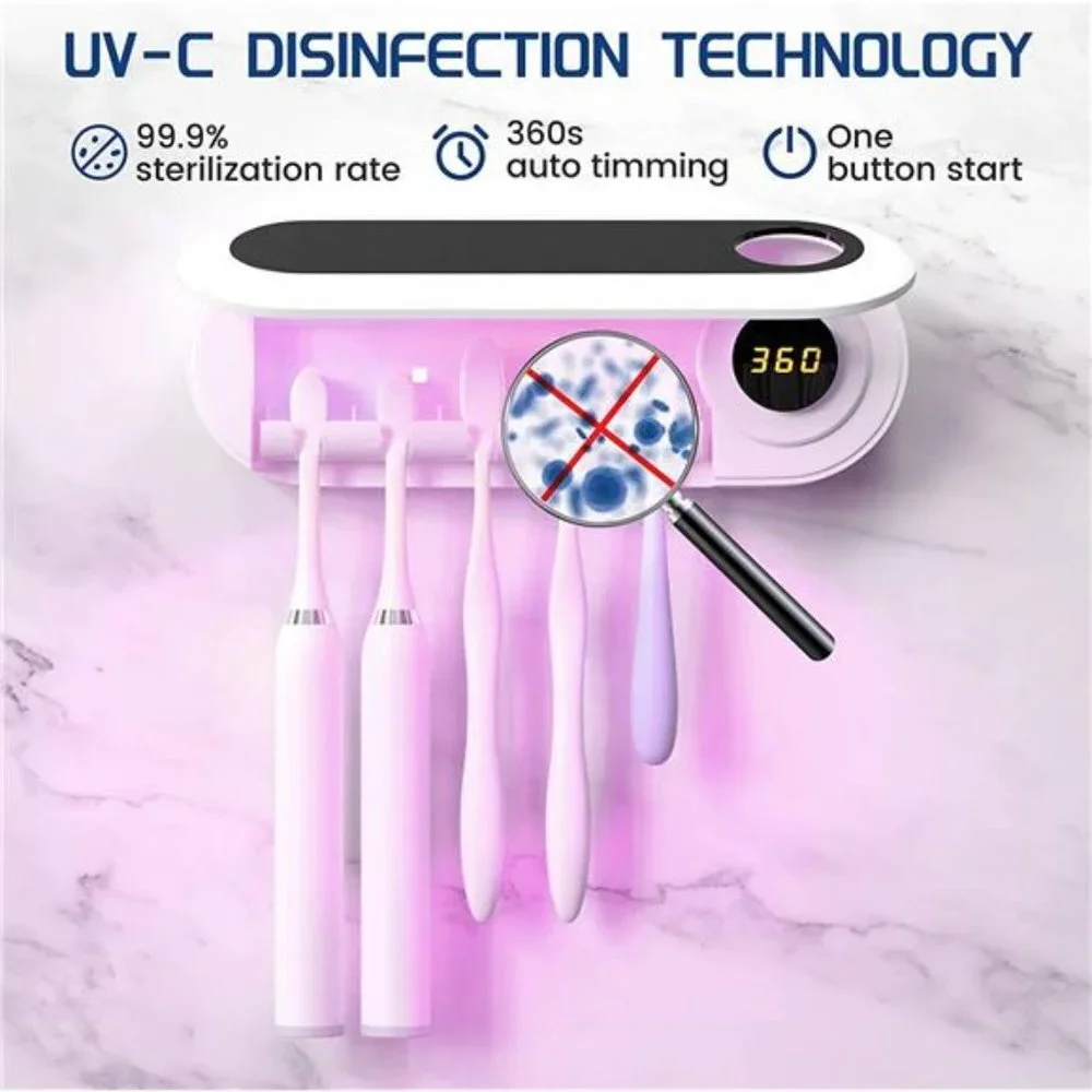 UV Toothbrush Sanitizer and Holder Cordless Wall Mounted 5 Toothbrush Slots